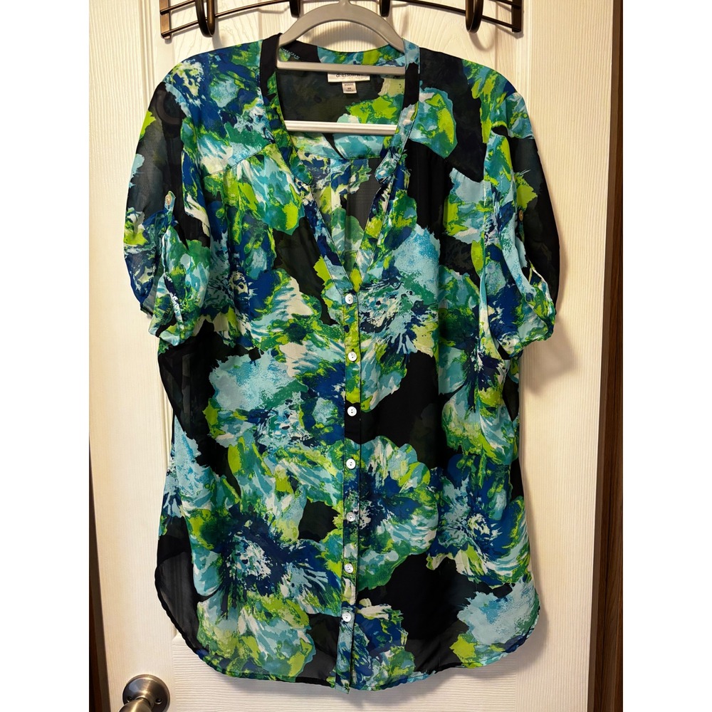 Dressbarn Woman Floral Chiffon Button Down Blouse Blue Green 2X Short Sleeve